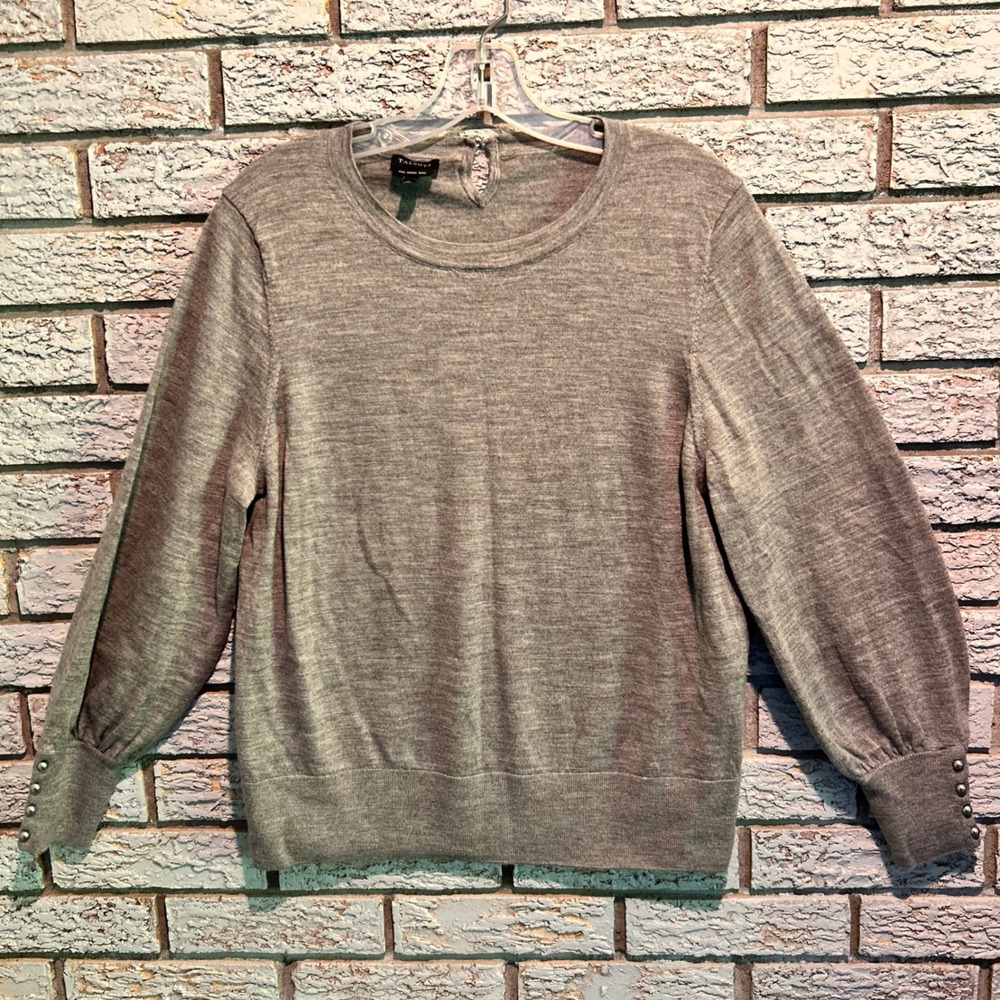 Talbots Gray Pure Merino Wool Puff Sleeve Button‎ Cuff Sweater XL Heather Gray